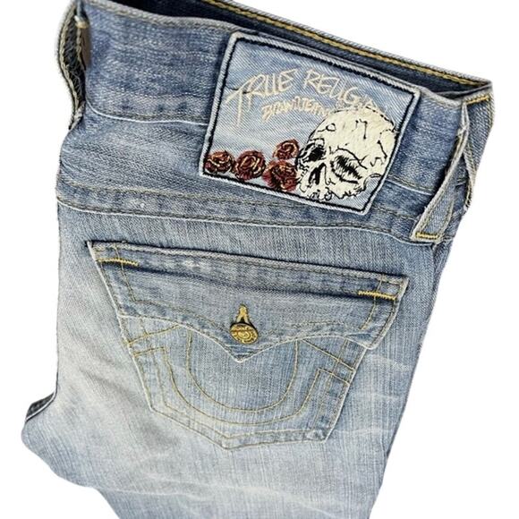 True Religion Billy Skull & Roses Mens Bootcut Distressed Jeans Size 38 - Picture 1 of 10